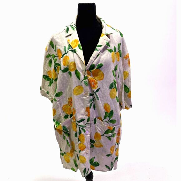 ZARA linen cotton blend lemon print short sleeve button up shirt - Picture 1 of 7